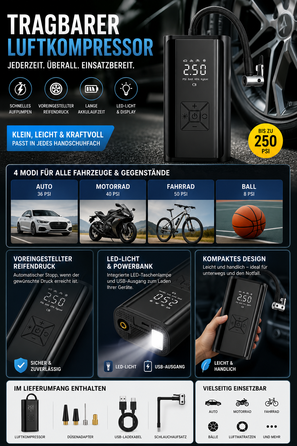 DriveLux™ Tragbarer Luftkompressor – Kabellos & Digital